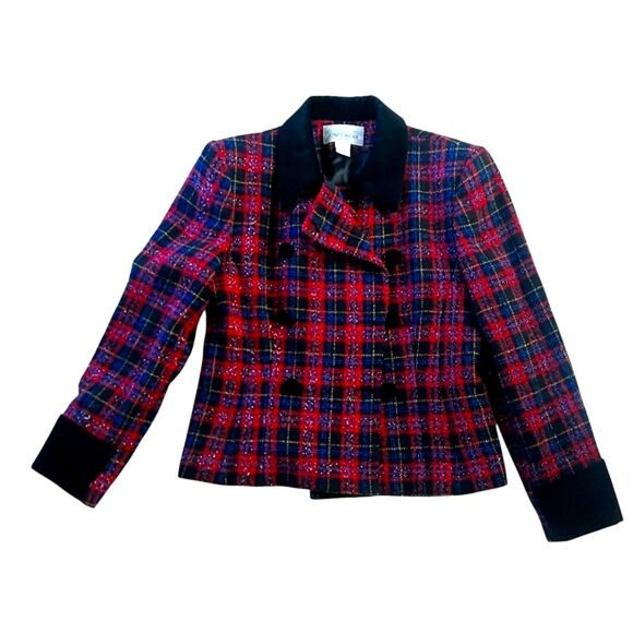 Vintage 90's Jones N.Y. Plaid Double-Breasted Pea Blazer Coat Cropped Wool - Picture 3 of 14
